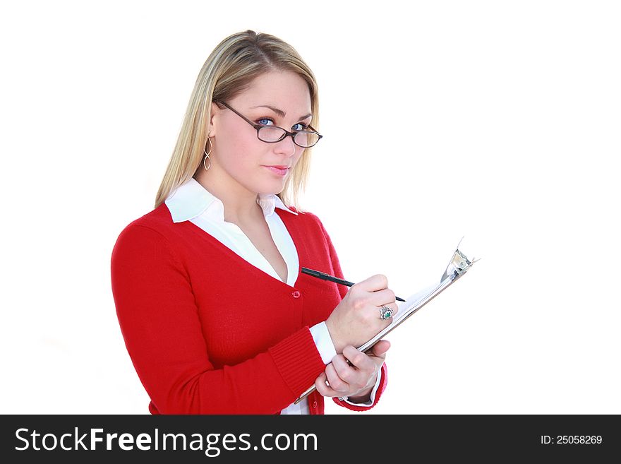 Pretty blonde woman with glasses and wearing a red sweater holding a clipboard and pen, isolated on white. Pretty blonde woman with glasses and wearing a red sweater holding a clipboard and pen, isolated on white.