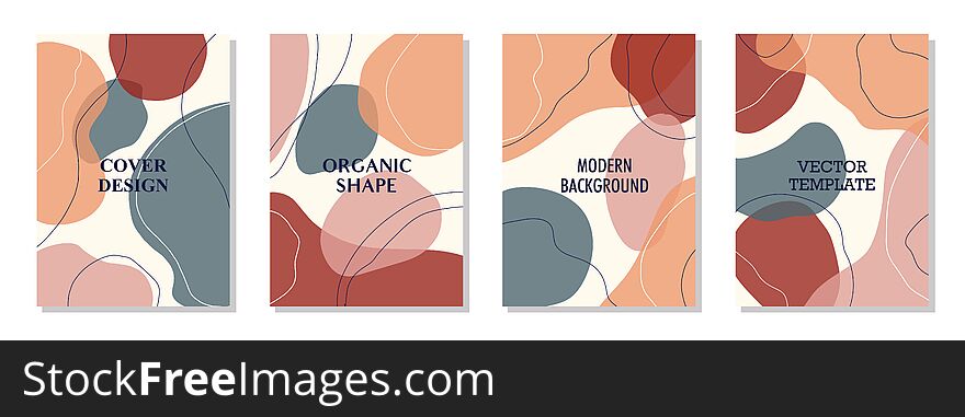 Set of 4 wall art posters, brochure, flyer templates. Organic line abstract shape drawn, hand drawn design, simple wallpaper. Dynamic contemporary line graphic vector vintage design, liquid or fluid