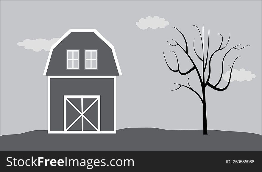 Grayscale Country Landscape With Barn House