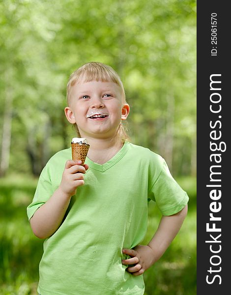 Young Boy Eating A Tasty Ice Cream Outdoor