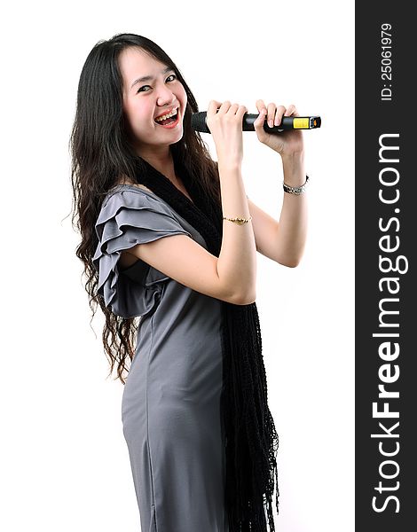 Karaoke singer on a white background.