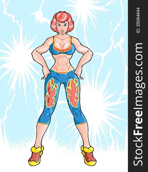 The illustration shows a young woman in the image of a superhero. She has a sports figure and she is engaged in fitness. Illustration made in the style of comics. The illustration shows a young woman in the image of a superhero. She has a sports figure and she is engaged in fitness. Illustration made in the style of comics.