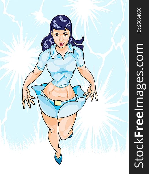 The illustration shows a young girl in the image of a superhero. She has a sports figure and she is engaged in fitness and tennis. Illustration made in the style of comics. The illustration shows a young girl in the image of a superhero. She has a sports figure and she is engaged in fitness and tennis. Illustration made in the style of comics.