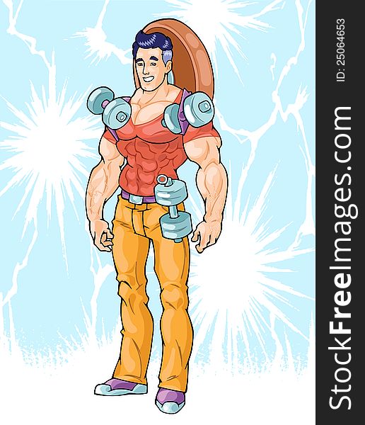 The illustration shows a young athletic man in the image of a superhero. He enjoys bodybuilding and barbell. Illustration made in the style of comics. The illustration shows a young athletic man in the image of a superhero. He enjoys bodybuilding and barbell. Illustration made in the style of comics.