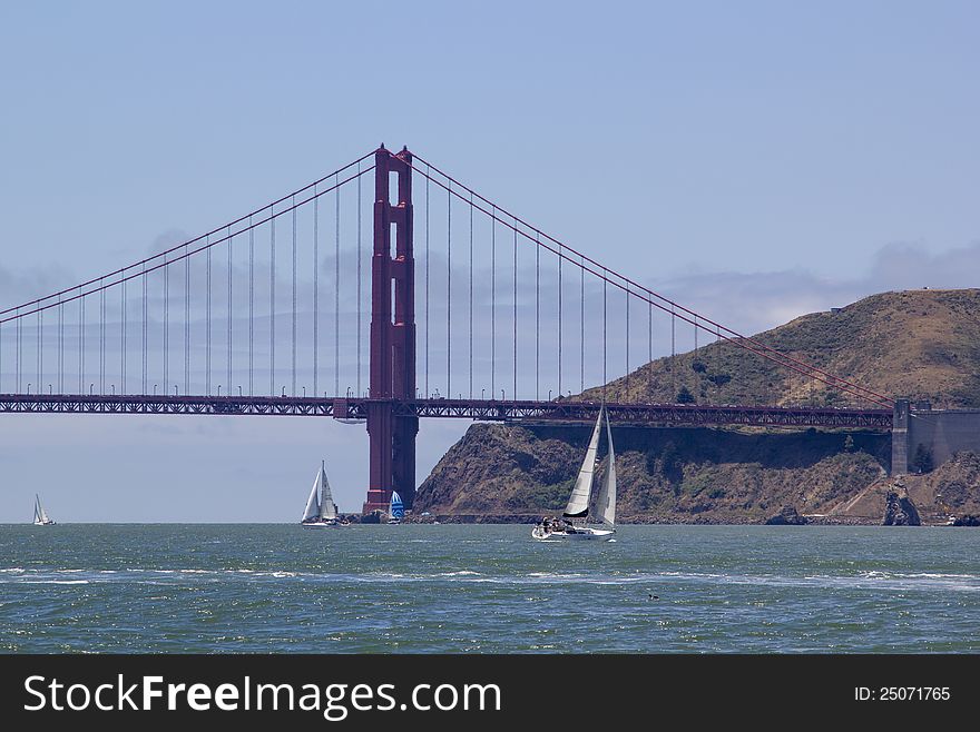 Sail boats taking advantage of a sunny day near the Golden Gate Bridge. Sail boats taking advantage of a sunny day near the Golden Gate Bridge.