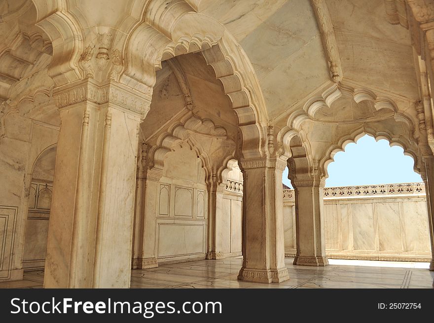 An interior section of the Nageena Mahal of 16th century Agra Fort where the royal ladies used to perform their prayer. An interior section of the Nageena Mahal of 16th century Agra Fort where the royal ladies used to perform their prayer.