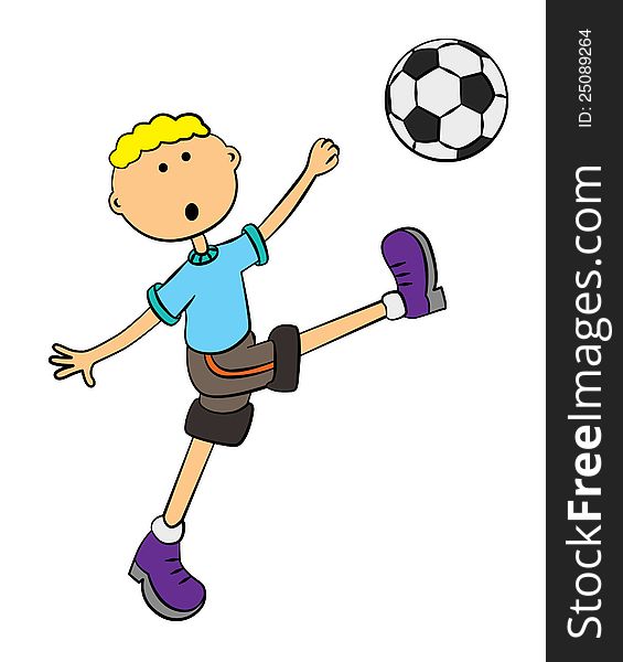 A cute young cartoon man kicking a soccer ball. A cute young cartoon man kicking a soccer ball