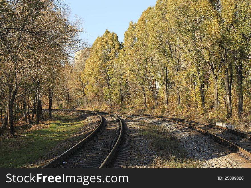 The railroad turns to the left among the trees