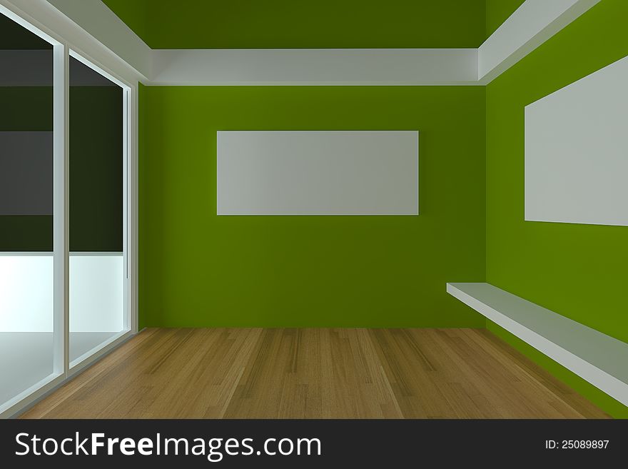 Home interior rendering with empty room color green wall and decorated with wood floors. Home interior rendering with empty room color green wall and decorated with wood floors.