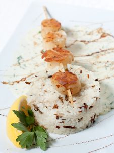White And Wild Rice With Fish Grilled On A Stick Royalty Free Stock Photos