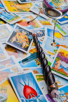 Tarot Cards With A Magic Ball And Magic Wand. Royalty Free Stock Image