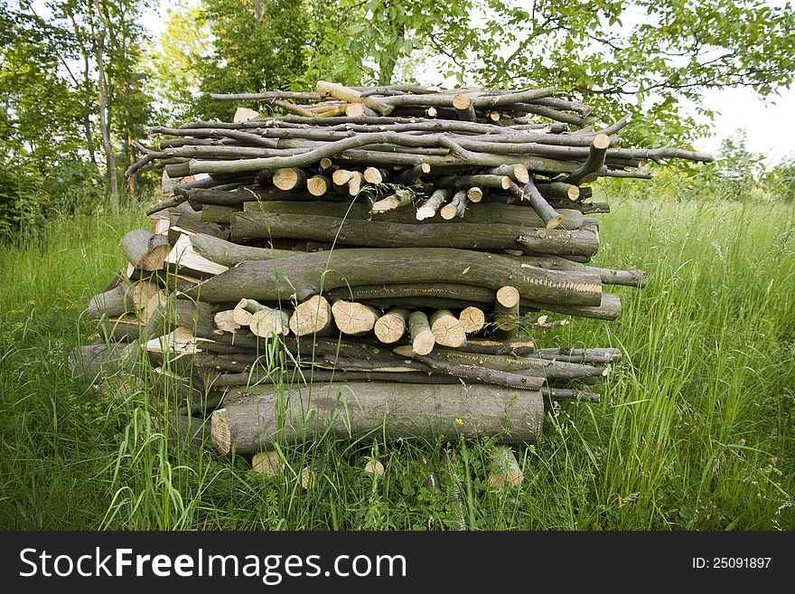 Cut wooden logs in a pile in green grass. Cut wooden logs in a pile in green grass