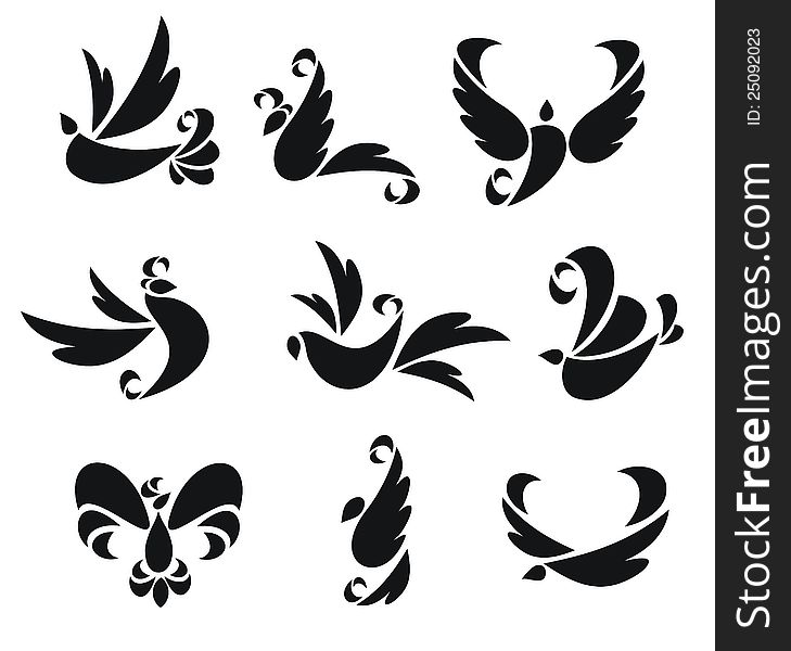 Set from nine silhouettes of birds