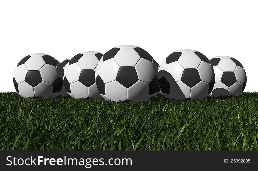 Soccer balls on a green grass - white background