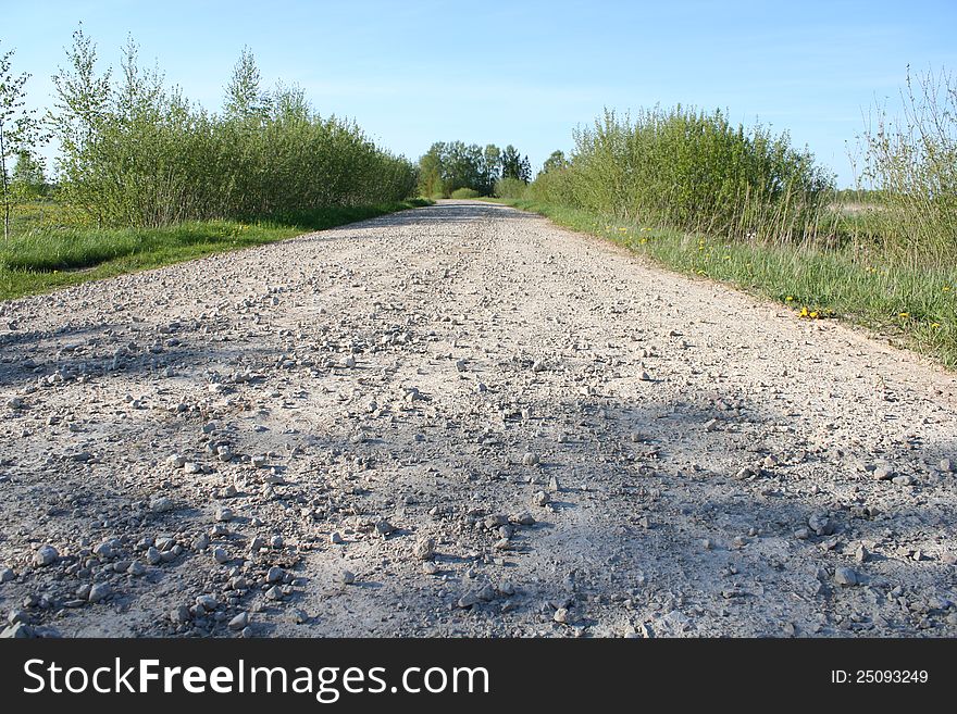 Rural road with gravel, osier and sky