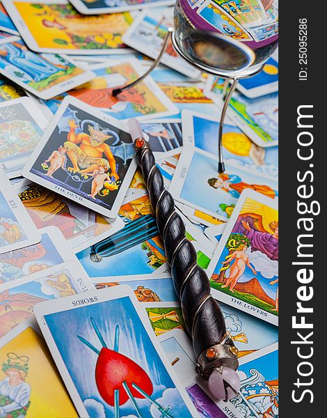 Tarot Cards With A Magic Ball And Magic Wand.