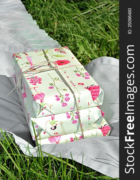 The pink birthday gift on the grass, books