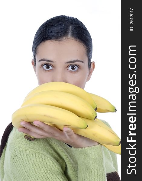 Isolated girl holding bananas in her hands. Isolated girl holding bananas in her hands