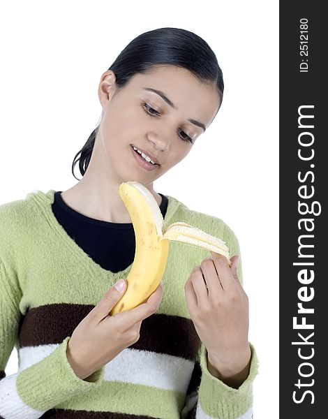 Smiling girl holding bananas in her hands. Smiling girl holding bananas in her hands