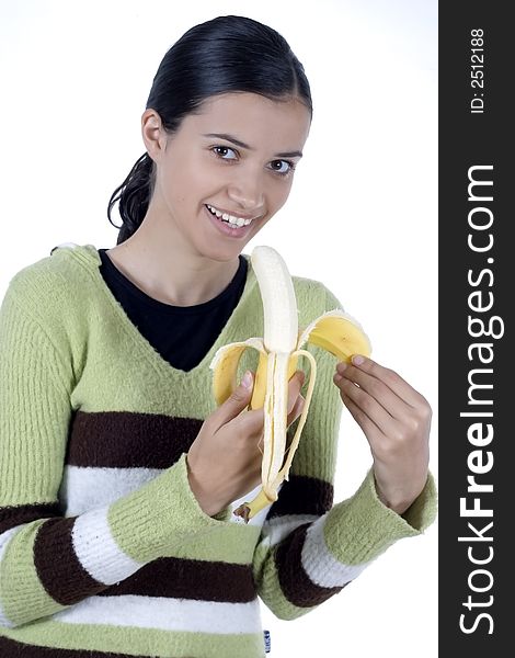 Smiling girl holding bananas in her hands. Smiling girl holding bananas in her hands