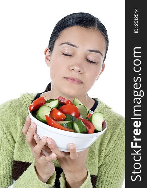 Isolated girl holding plate with salad. Isolated girl holding plate with salad