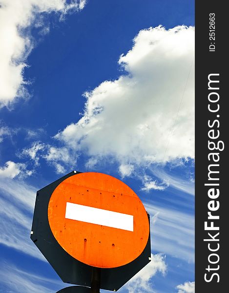 No entry sign board with blue sky and cloud. No entry sign board with blue sky and cloud