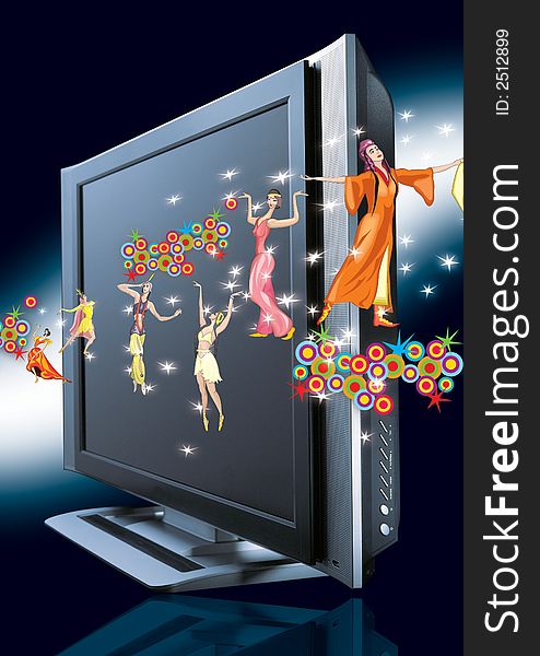 Wide screen television over a dark background featuring dance around it. Wide screen television over a dark background featuring dance around it