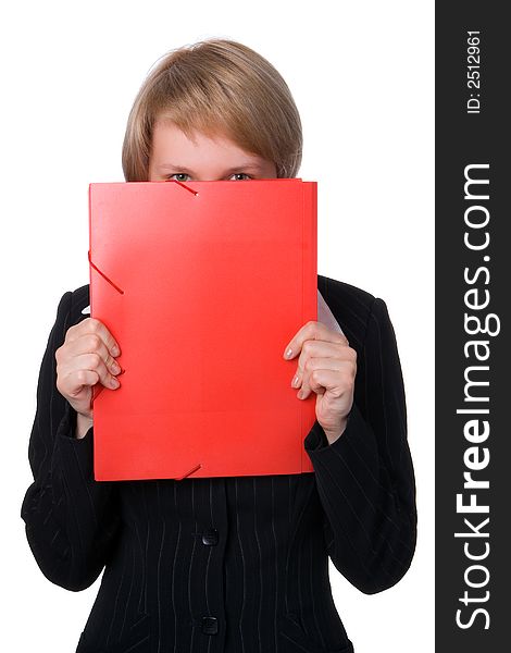 Businesswoman closes face a red folder over white bavkground