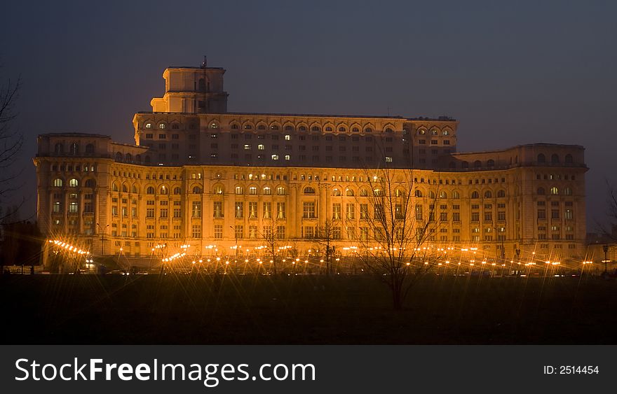 Parliament House by night, side view, from Bucharest, Romania
