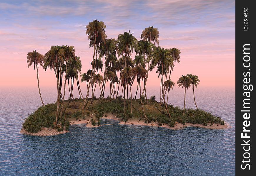 Sunset coconut palm trees on small island - 3d illustration.