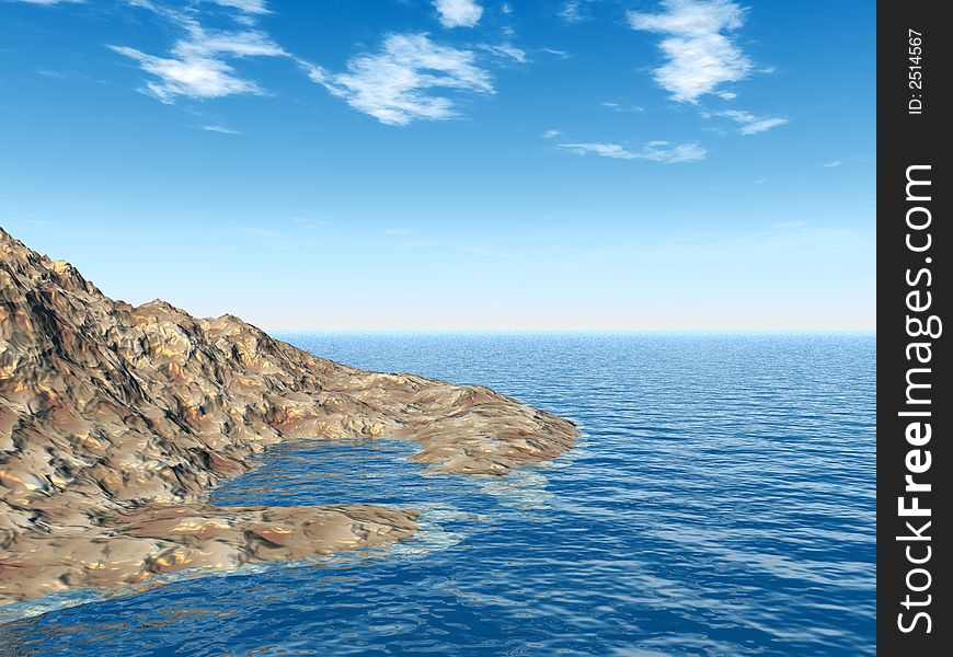 Rocky seacoast in clear day  - 3d illustration. Rocky seacoast in clear day  - 3d illustration.