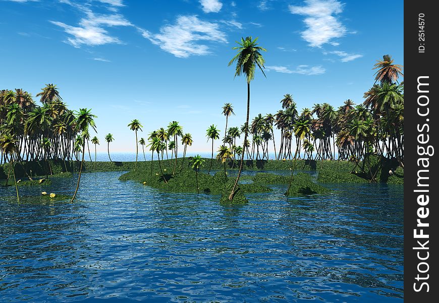 Coconut palm trees on a small island - digital artwork. Coconut palm trees on a small island - digital artwork