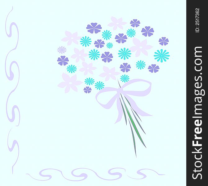 Flowers and bow bouquet on blue background. Flowers and bow bouquet on blue background