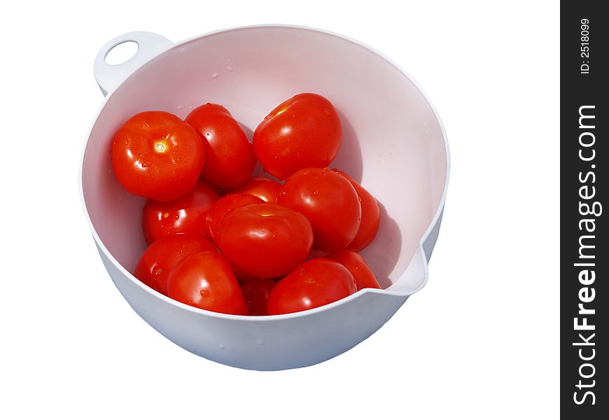 Tomatoes in white bowl  white  background