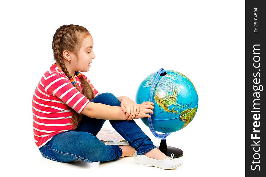 Foto-girl holding a globe, isolated. Foto-girl holding a globe, isolated