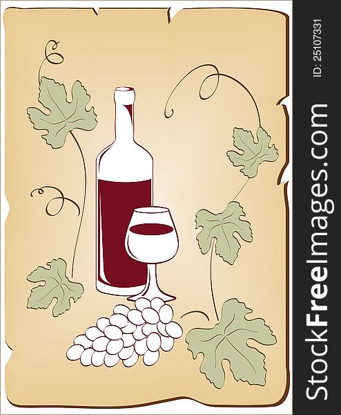 Red wine grapes on a background of leaves,illustration