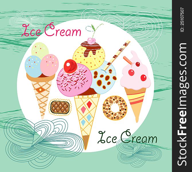 Card with multi-colored ice cream on a decorative background. Card with multi-colored ice cream on a decorative background