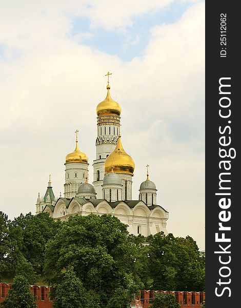 View of the Kremlin's Arkhangel temple from side of Moscow River. View of the Kremlin's Arkhangel temple from side of Moscow River