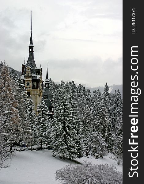 A classic view of the Peles Castle in the Carpathians mountains, Romania. A classic view of the Peles Castle in the Carpathians mountains, Romania