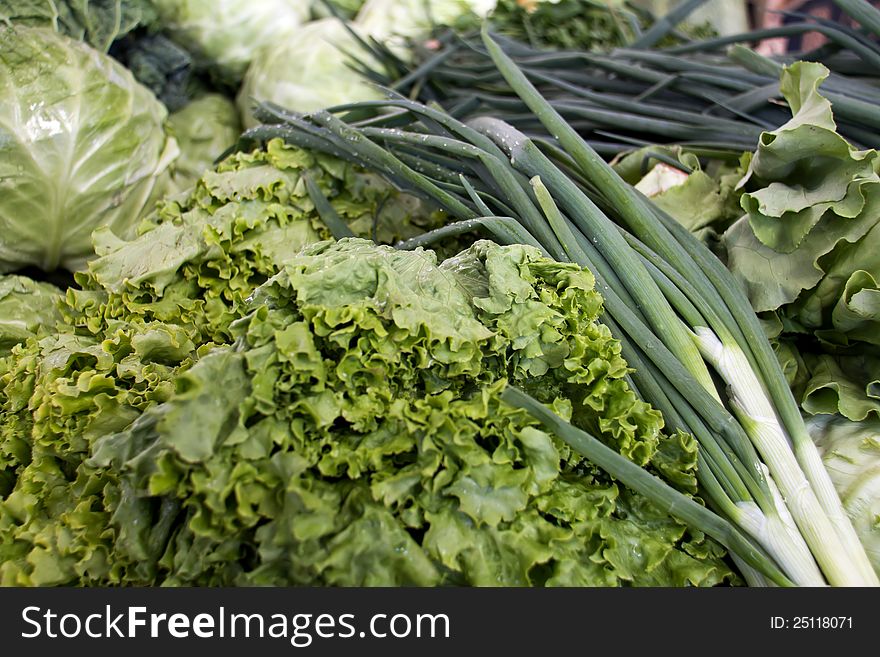 Close up of green onions, Lettuce, cabbage on market stand