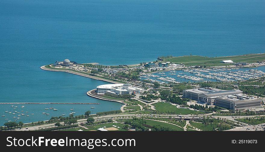 Aerial view of Museum Campus, Chicago, and yacht harbor against Lake Michigan