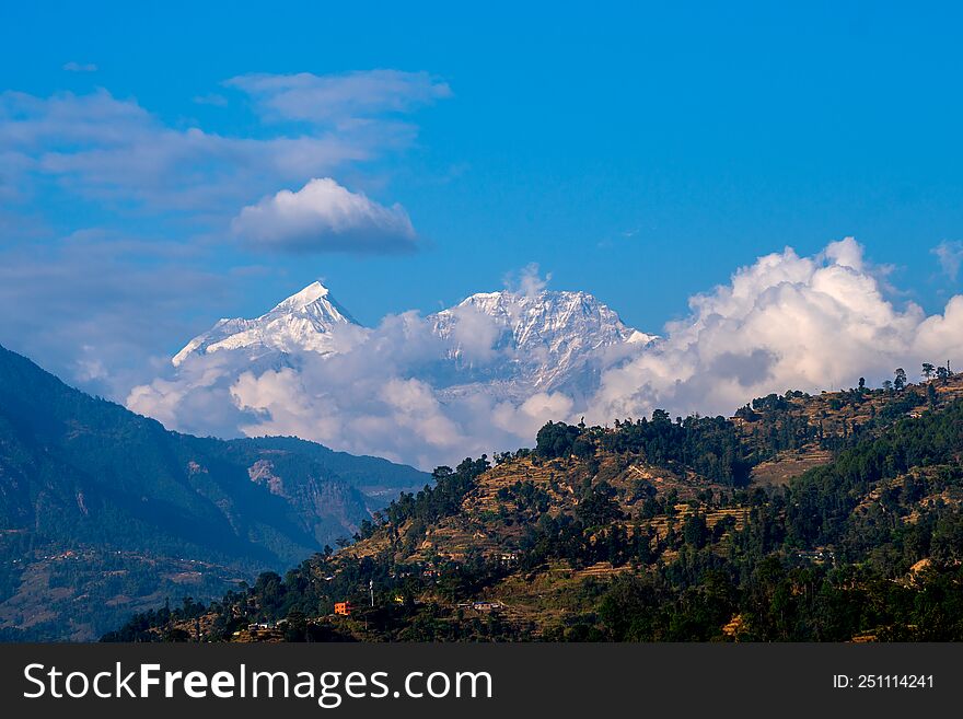 Snowy mountains in the morning in Nepal