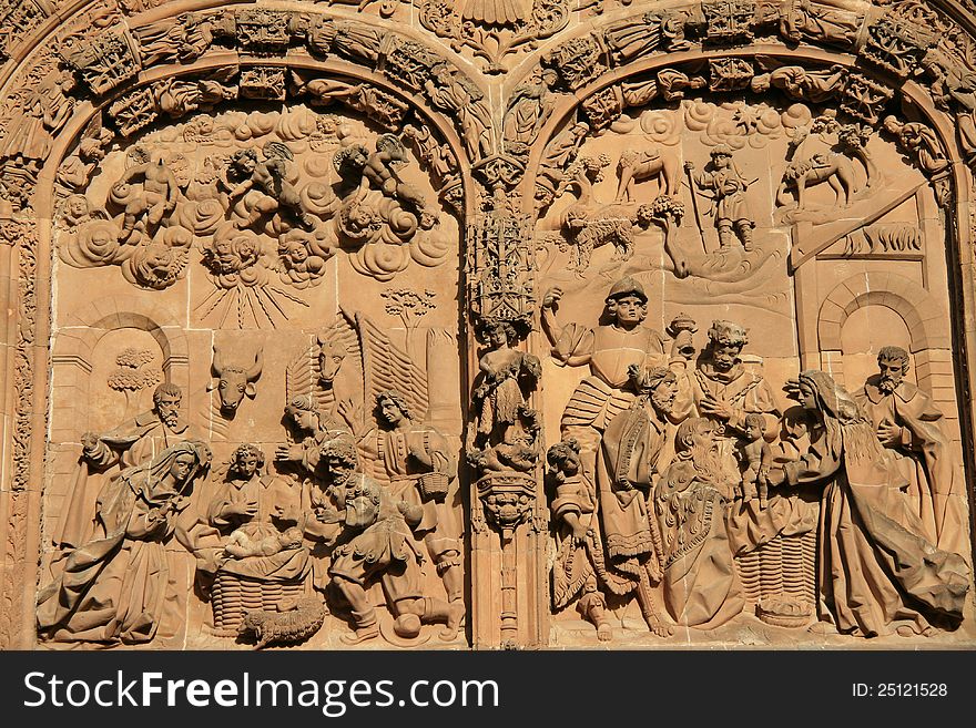 Nativity scenes carved on cathedral wall