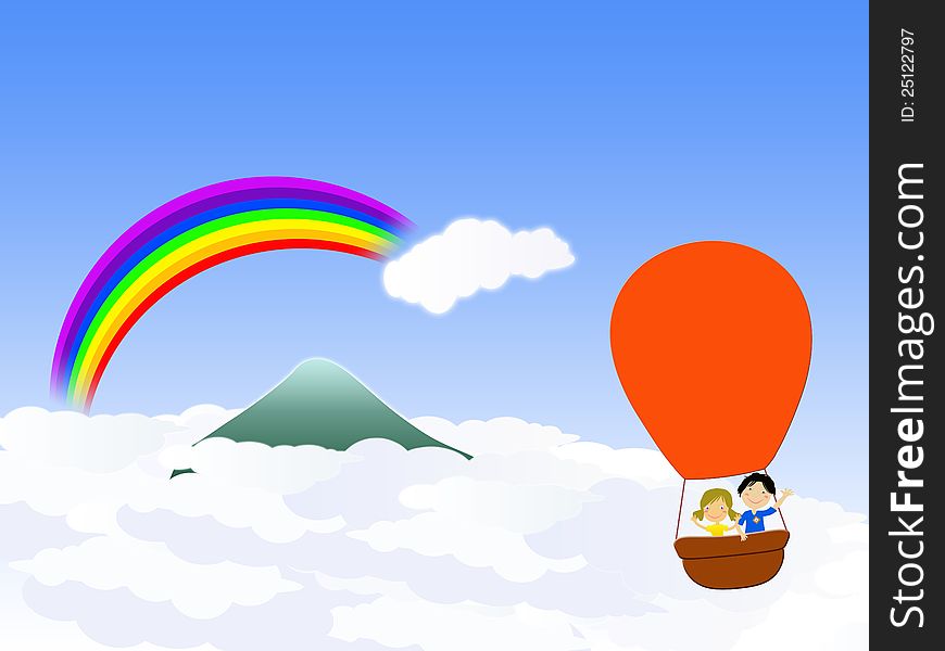Hot air ballon going over the rainbow
