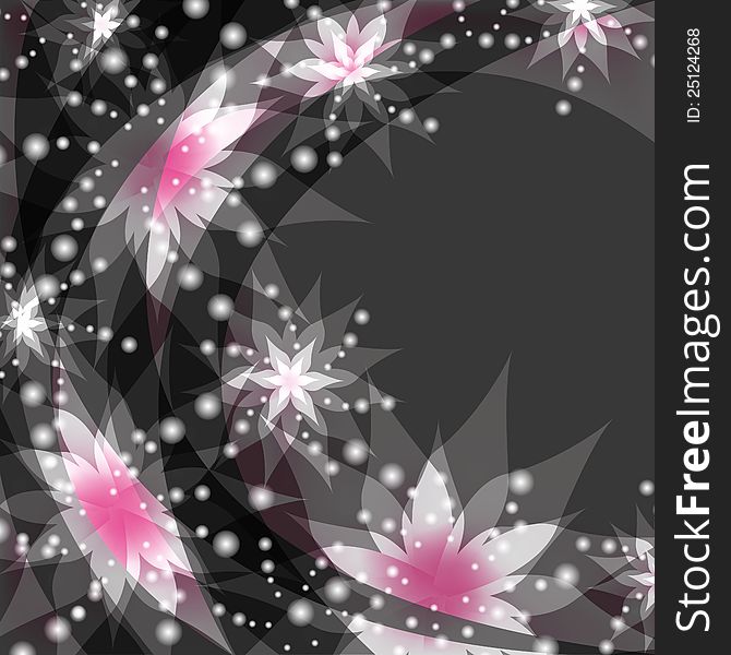 Abstract floral gray background with white and pink flowers lilies. Greeting or invitation card in retro or grunge stile. Place for text. Abstract floral gray background with white and pink flowers lilies. Greeting or invitation card in retro or grunge stile. Place for text.