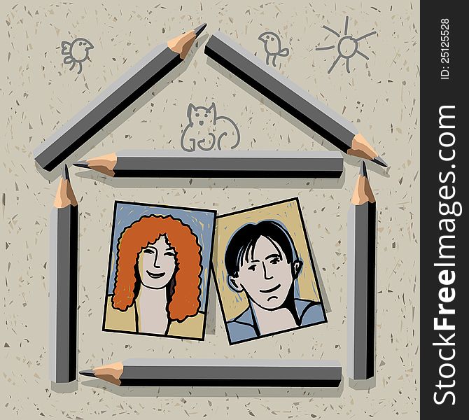 Collage with image of two unrecognizable, young pretty people in the house from pencils on the craft paper. Color vector illustration. Collage with image of two unrecognizable, young pretty people in the house from pencils on the craft paper. Color vector illustration.