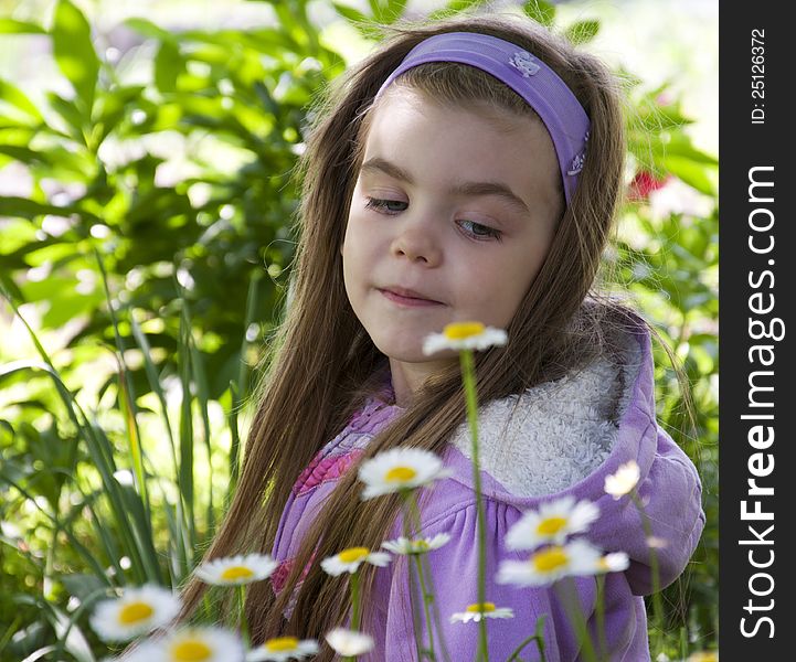 Beautiful little  girl  among camomiles in a garden. Beautiful little  girl  among camomiles in a garden