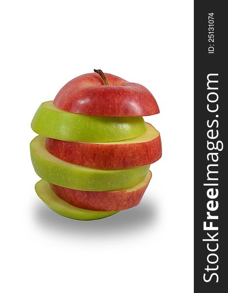 Green and red apple slices isolate on white background