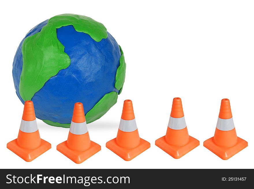 Plasticine Globe and emergency cones on a white background