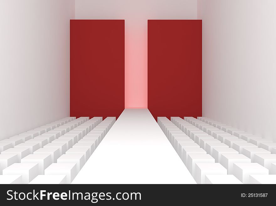 3d Empty fashion runway red background.